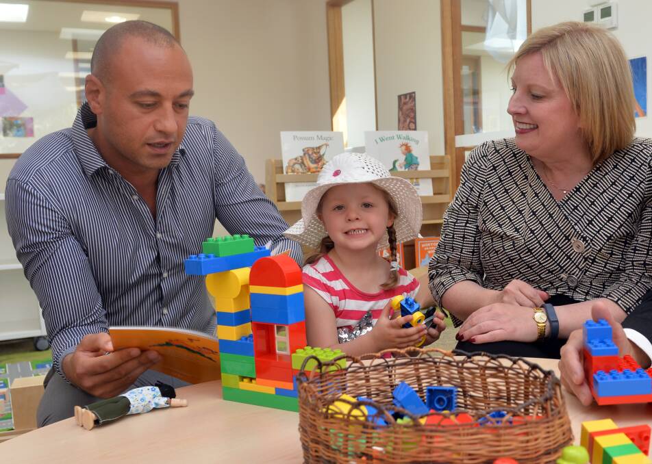 Jenny's Early Learning Centre executive director Ahdy Elghitany, Zali Reid, 4, and Minister for Children and Early Childhood Development, Wendy Lovell. Picture: BILL CONROY