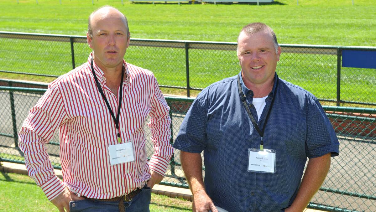 LISTENING: Famers Andrew Wall from Raywood and Russell Hocking from Prairie. 
Picture: JODIE DONNELLAN