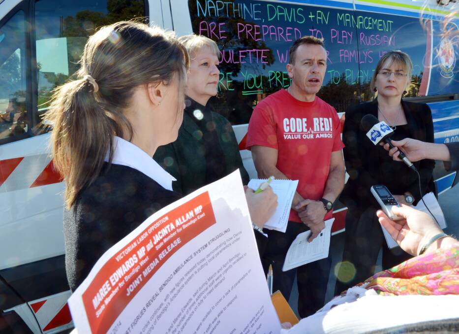 Brett Adie speaking to the media with Bendigo MPs Maree Edwards and Jacinta Allan during the state election campaign earlier this year.