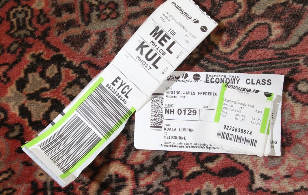 TICKETS: The luggage tag shows the flight number "MH017". Picture: GLENN DANIELS
