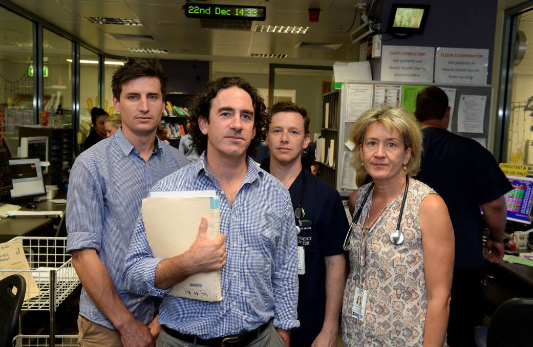 WARNING: Acting Nurse Unit Manager Brenton Dillon, Dr Simon Smith, Dr Mark Putland and Dr Diana Badcock in the emergency department. Picture: JIM ALDERSEY
