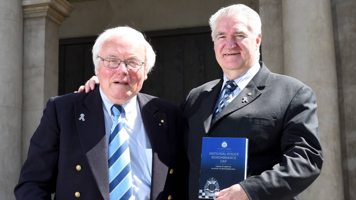 OLD GREATS: John Forbes (left) chaired the first meeting of the Blue Ribbon Foundation in 1988. Bill Horman (right) has held senior positions in Victoria Police and gave the guest speech in Bendigo on Monday. Picture: JODIE DONNELLAN