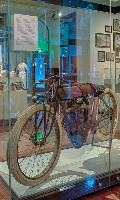 EXHIBITION: Installation at the Post Office Gallery. Forefront: Indian 1000cc Board Track Racer – 8/Valve, 1913, collection Dugal James. Picture Brendan McCarthy.