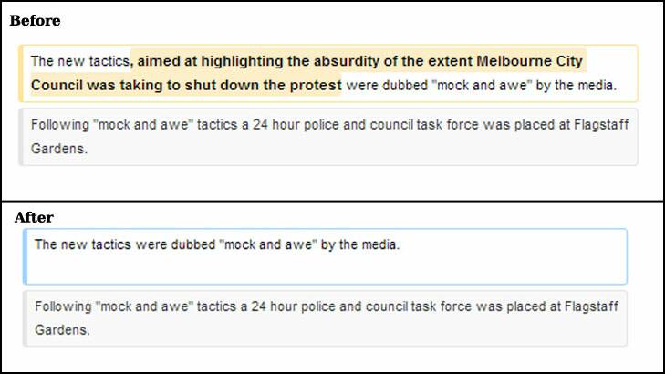These screenshots show paragraphs on the Occupy Melbourne before and after the second edit to the page.