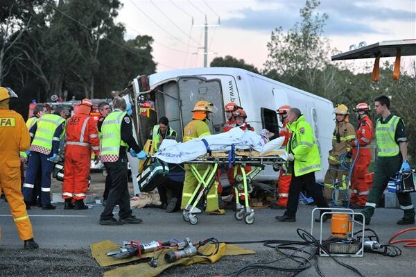 Casualties from the accident between a bus and a car at intersection of Monsants Road and the Calder Highway in Maiden Gully. Picture: BILL CONROY