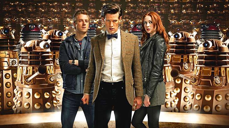Who dares … Rory (Arthur Darvill), the Doctor (Matt Smith) and Amy (Karen Gillan) take on the daleks in the spectacular season premiere of <em>Doctor Who</em>.