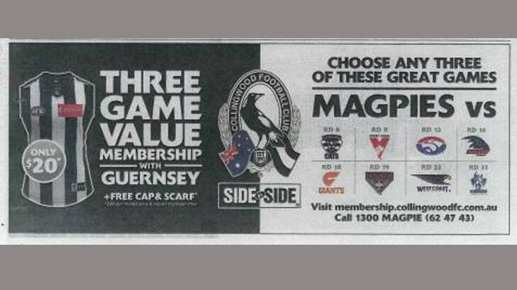 The offending Collingwood advertisement, as it appeared in the Herald Sun.
