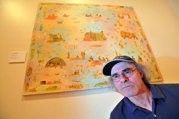 striking: Artist Tim Johnson with his prize-winning painting, Community Base.Picture: Jim Aldersey