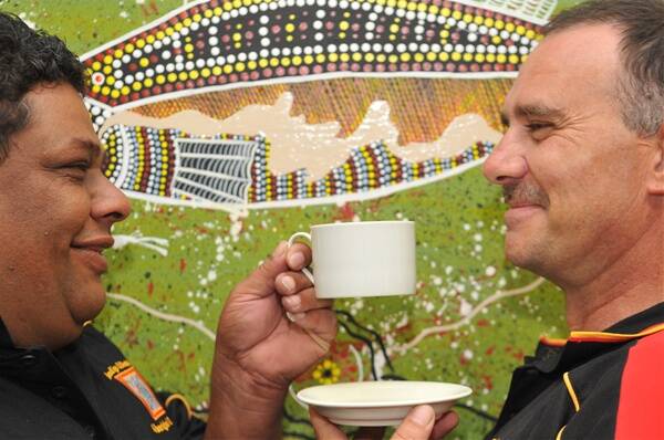 Wayne Coe and Carl Hooke prepare for the Canterbury Gardens morning tea. Picture: CHRIS McCORMACK