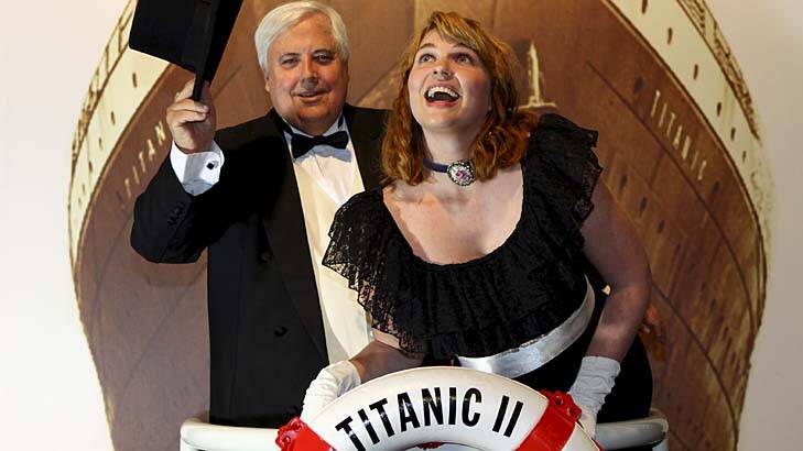 Ahoy there … reporter Amy Remeikis joins Clive Palmer on the bow of the Titanic at last night's Atlantic Dinner at Coolum.