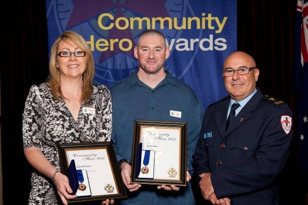 HEROES: Gabrielle Jones and Jason Stone with awards from Ambulance Victoria Loddon Mallee regional manager Kevin Masci.