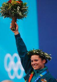 GOLDEN GIRL: Chantelle Newbery celebrates her victory in the 10 m platform final at the Athens Olympics.