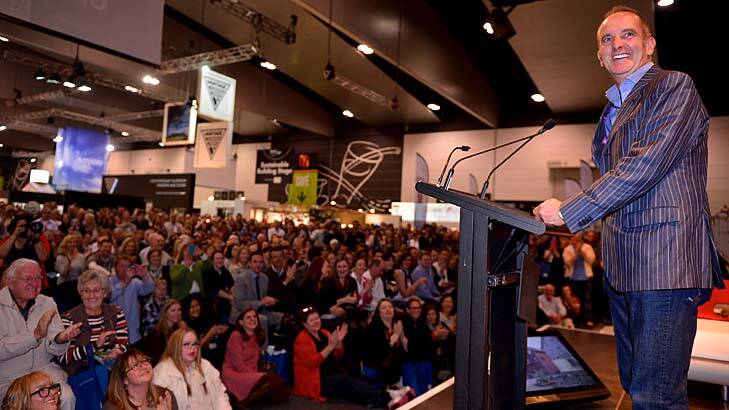 In Jeff's Shed: Kevin McCloud enjoys the applause of a large and devoted audience at his presentation in Grand Designs Australia Live in Melbourne yesterday.