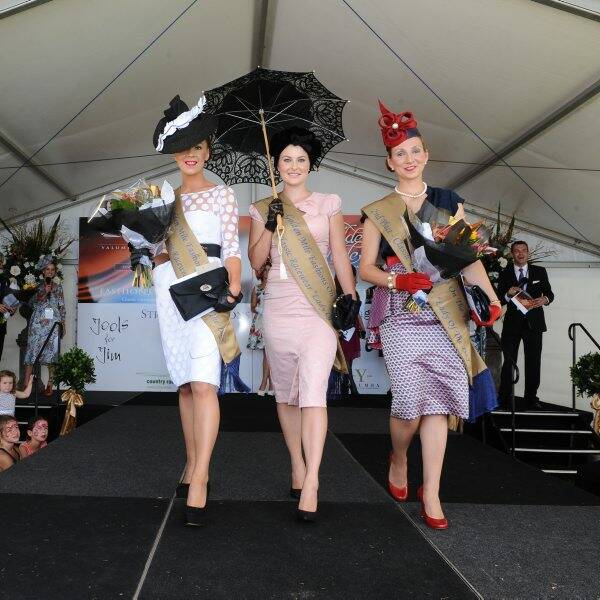 All glammed up for Saturday’s Yalumba Golden Mile Race Day were, from left, Jacqueline Russo, Jessica Mabilla and Linda Fahy, who took out third, first and second place respectively, in Fashions on the Field. 