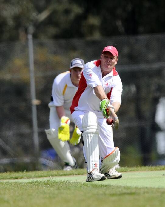 TOP INNINGS: Manudrang’s Geoff Thompson hits the ball to the boundary on the way to a match-high 72 against Spring Gully. Picture: JULIE HOUGH