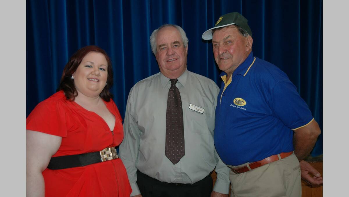 HONOURS...Young Citizen of the Year Anna Bottrall, left, and Citizen of the Year Ian White, right, chatted with Northern Areas Council Mayor Denis Clark before the presentation ceremony at Laura on Australia Day. Denis thanked Country Fire Service volunteers and challenged the community help their neighbours in next-door districts who have been affected by the Bangor bushfire.
