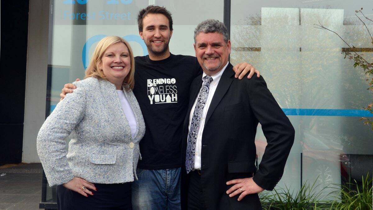 Teamwork: Minister for Housing and Children and Early Childhood Development Wendy Lovell, Bendigo for Homeless Youth founder Luke Owens and Haven; Home, Safe chief executive Ken Marchingo. Picture: BRENDAN McCARTHY