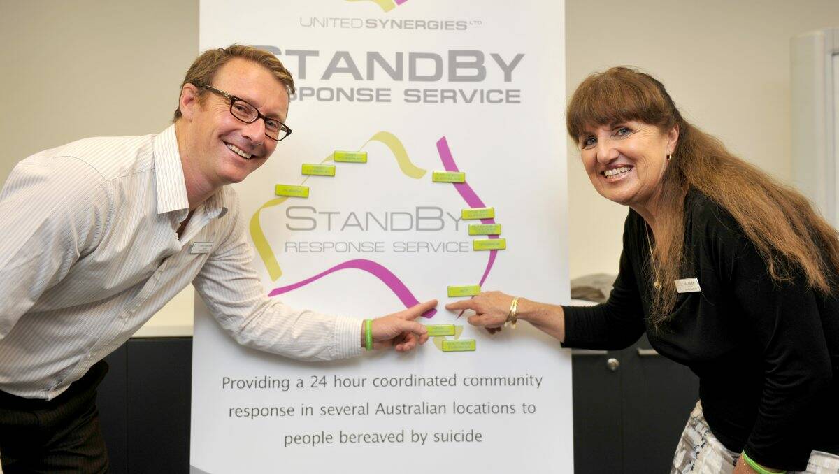 HELP: National StandBy partnership manager Trent Harvison and national StandBy co-ordinator Jill Fisher from StandBy Response Service point to Bendigo on the map.Picture: JODIE DONNELLAN