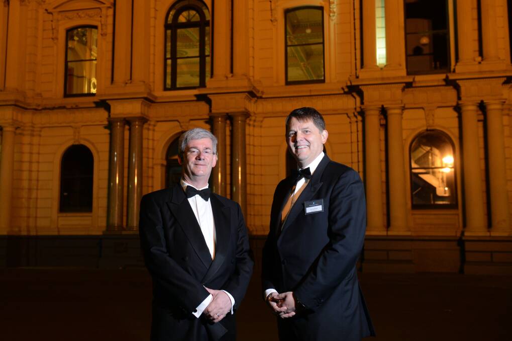 Bank of America Merrill Lynch chief Australian economist Saul Eslake and Rural Finance chief executive Rob Goudswaard before the Rural Finance Budget Dinner at the Bendigo Town Hall. Picture: JIM ALDERSEY
