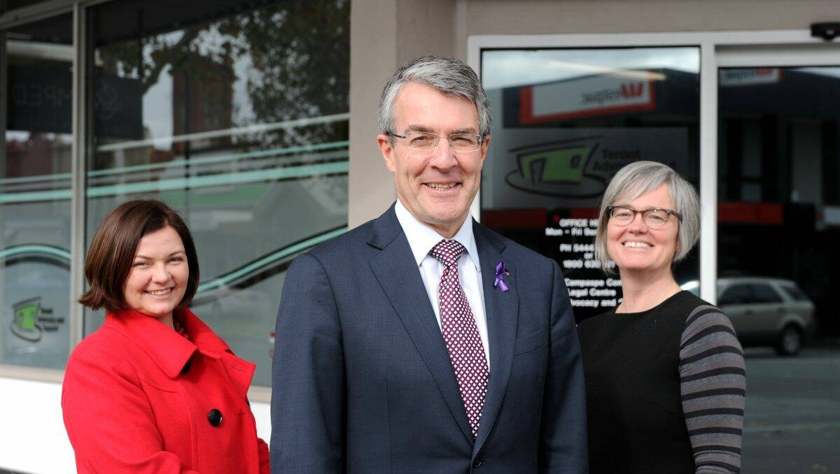 Labor candidate for Bendigo Lisa Chesters, Attorney-General Mark Dreyfus and Advocacy and Rights Centre executive officer Jane Staley outside the Loddon Campaspe Community Legal Centre in Bendigo. Picture: Jodie Donnellan