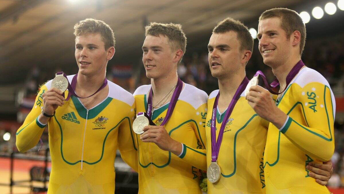 CYCLONES STARS: Australia's Michael Hepburn, Rohan Dennis, Jack Bobridge and Glenn O'Shea proudly hold the silver medals they won in the teams pursuit at the London Olympics. Picture: GETTY IMAGES