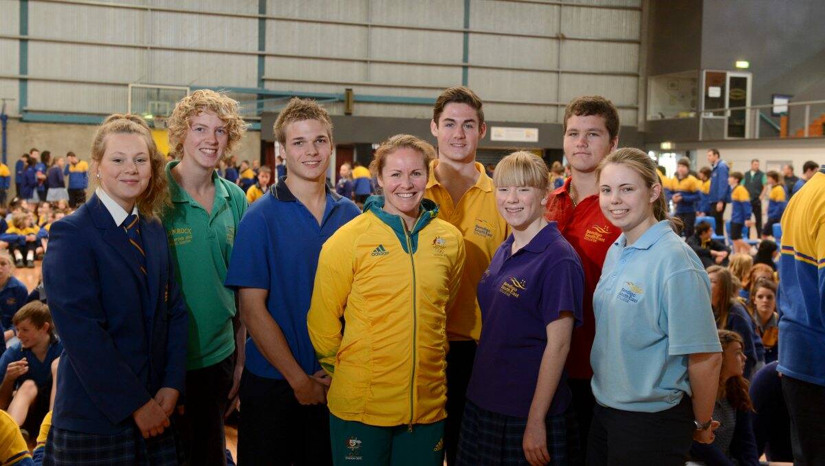 HERO: Bendigo South East College leaders Abbey Hayes, Dominic Barton, Jesse Cattell, Ben Barkla, Evangeline Monteith, Coby Hansen and Joanna Lees with Olympic rower Hannah Every-Hall (centre). Picture: Jim Aldersey