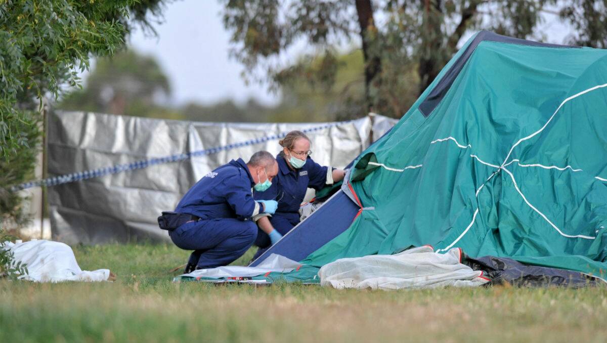 HEARTBREAK: Emergency services attend the site of Edward Heron’s murder, a temporary camp ground at the Bendigo Showgrounds. Picture: MATT KIMPTON