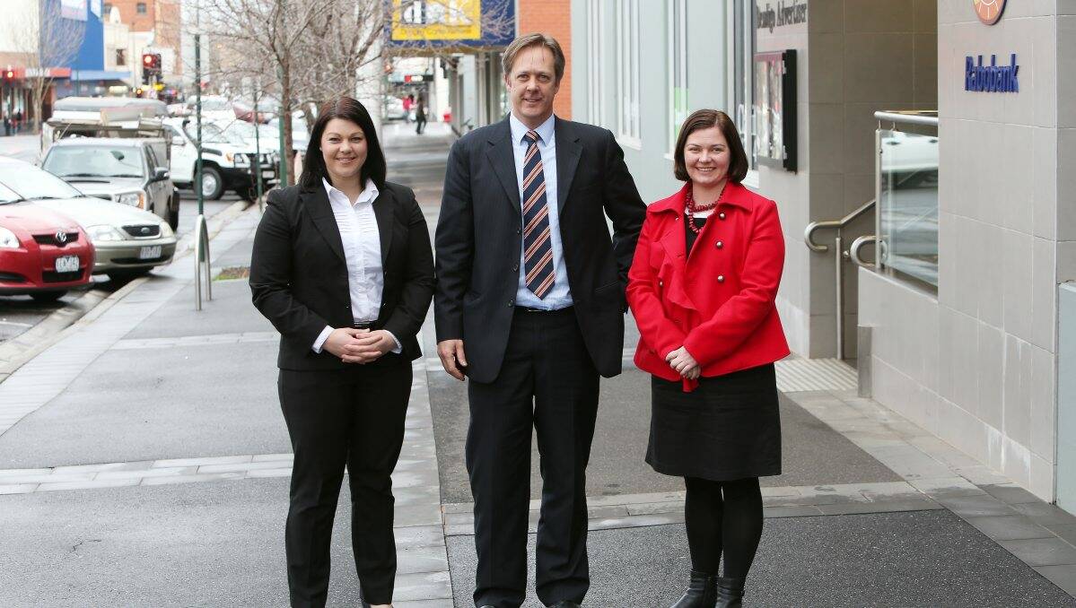  The Nationals candidate Sarah Sheedy, left, Liberal hopeful Greg Bickley, centre, and Labor representative Lisa Chesters discuss the upcoming election campaign outside the Bendigo Advertiser yesterday. The candidates visited the Addy to film election videos which will appear as part of the newspaper’s special online election coverage at www.bendigoadvertiser.com.au in coming days. Picture: PETER WEAVING
