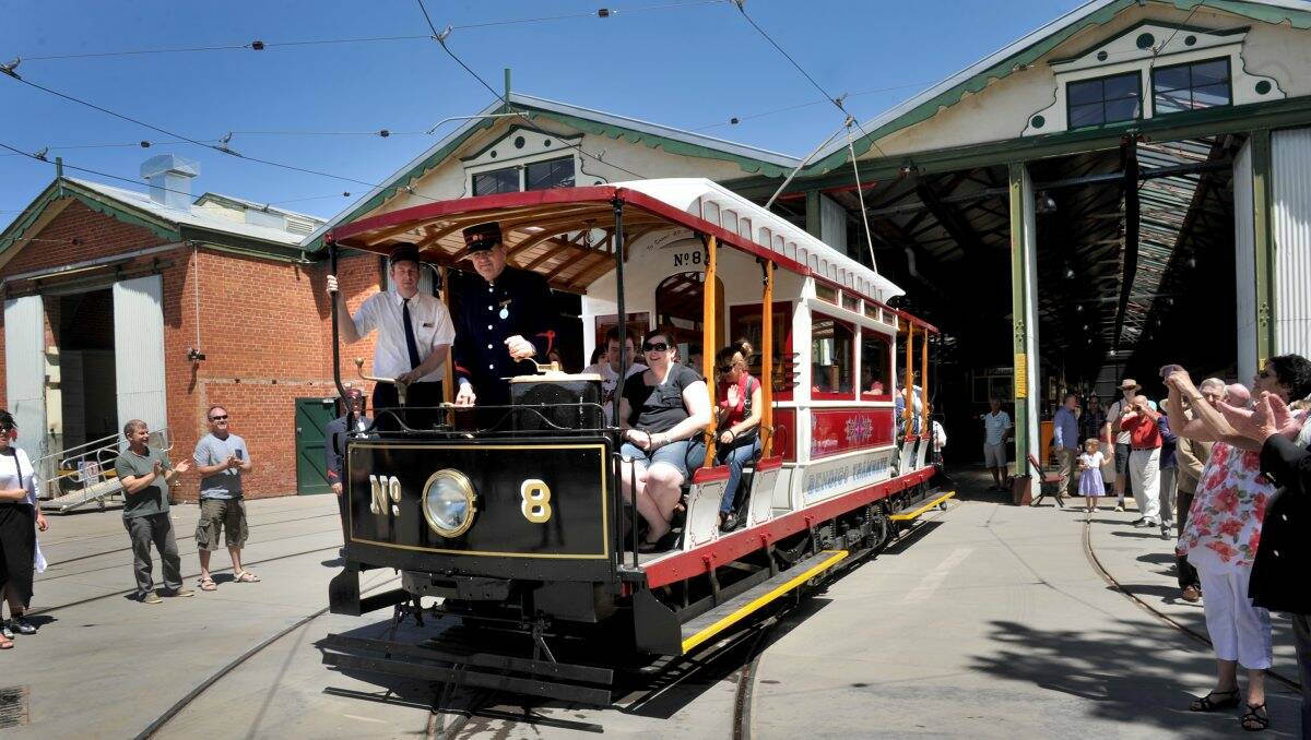 VINTAGE: The newly refurbished No.8 tram leaves the depot at yesterday’s 40th celebrations for Bendigo’s ‘talking’ trams. Picture: JULIE HOUGH