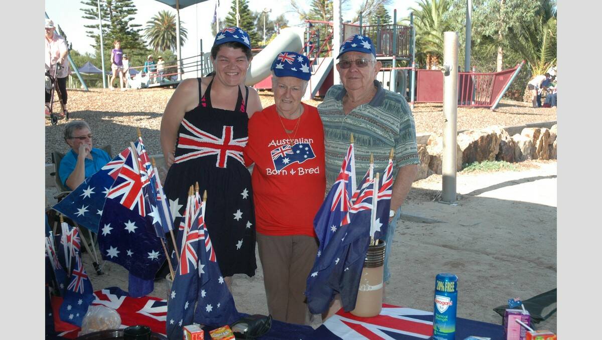 Emblazoned with patriotic flags and clothing were Jenni, left, and Pat Greenfield, and Marlene McKay at Solomontown Beach for Australia Day.