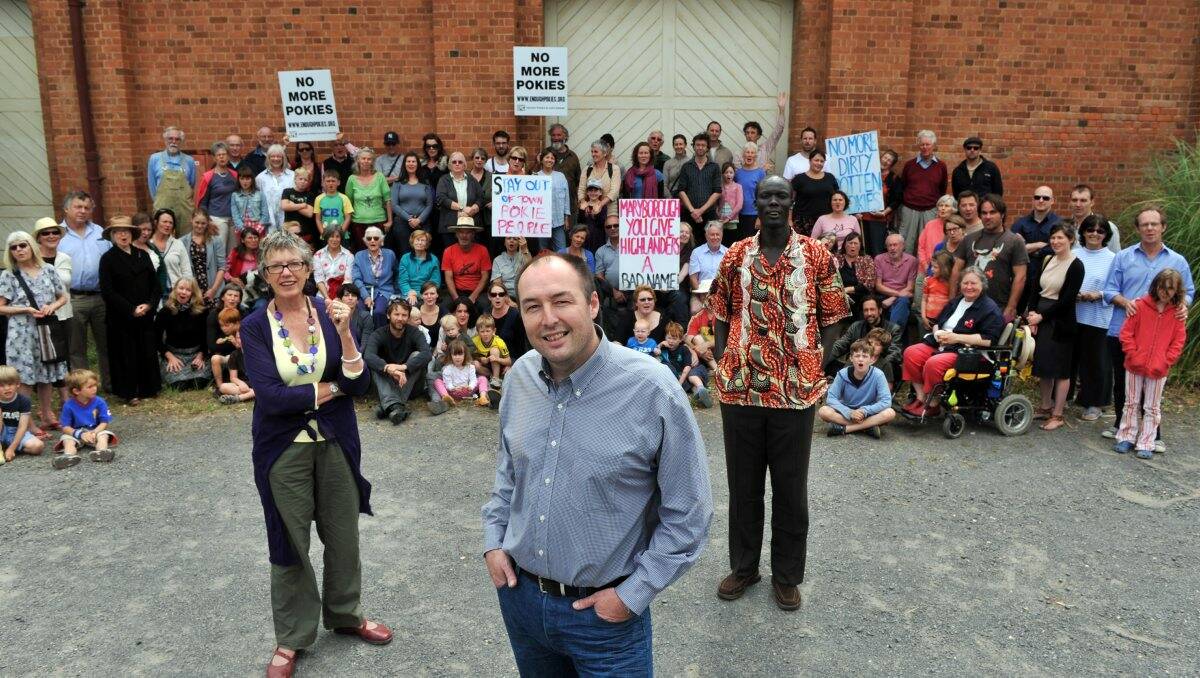 VICTORY: EPIC president David Stretch (centre) with protestors at the proposed location for the Maryborough Highland Society development in February 2012. Picture: BRENDAN McCARTHY