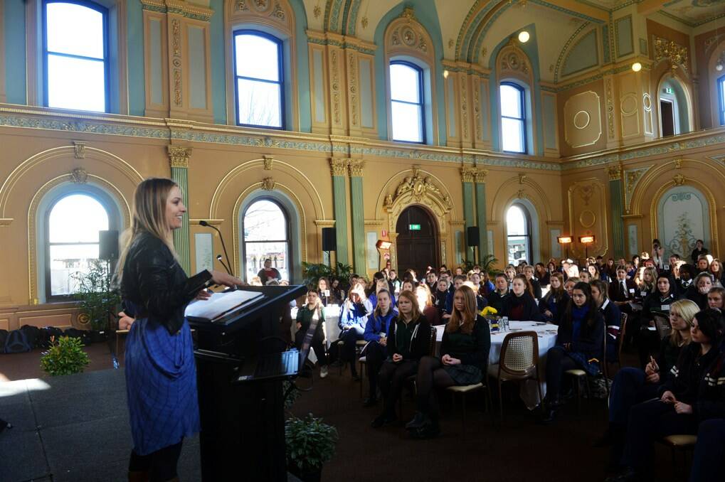 Samantha Lane speaks to the audience at Bendigo Town Hall. Picture: Brendan McCarthy