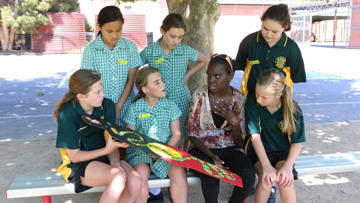 CULTURE: Front, Amelia Campagnaro, Steph Milsom Leila Gurruwiwi and Jessica Stanley, and back, Eva Jan, Alex Milsom and Maggie Manning are involved with the Proud Race Initiative at St Kilian’s Primary School. Picture: PETER WEAVING 