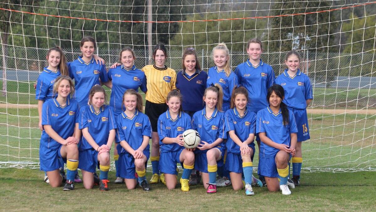 HOT FORM: BSE’s year 7 girls’ soccer line-up. Back: Emily Churchill, Poppy Blanch, Caitlin Goss, Mackenzie Goulding, Zahlia Burrill-Grinton, Georgia Edsall-French, Helena Watson and Nikki Liddlelow. Front: Lilly Godfrey, Adleia Ilsley, Samantha Reaper, Alex Pierce, Brianna Hamblin and Lay Lay. Picture: SUPPLIED