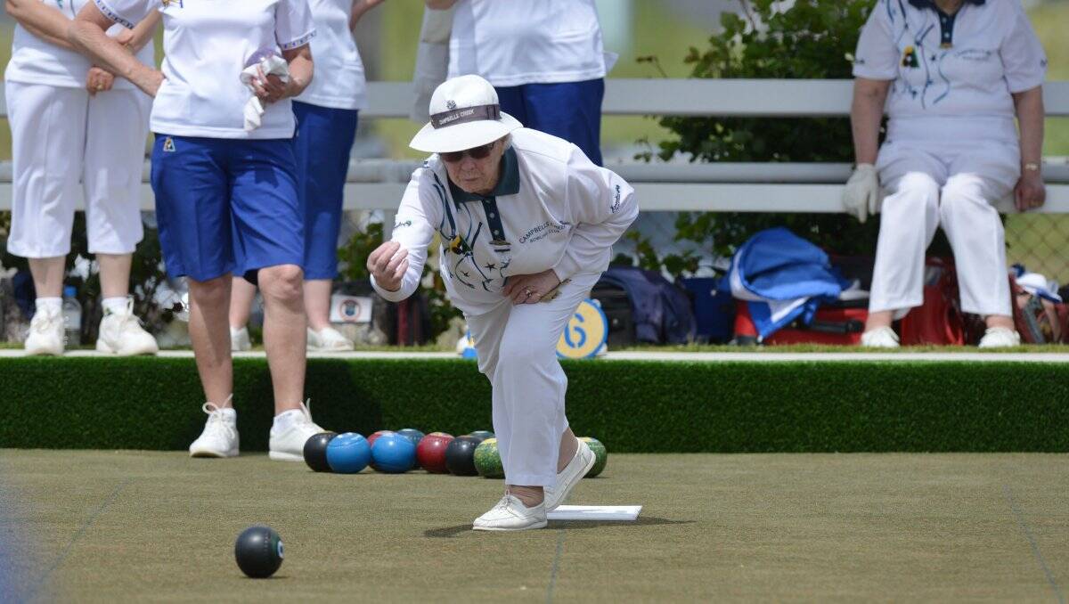 WELL BOWLED: Campbells Creek’s Beryl Pollard in yesterday’s play at Golden Square. Picture: BRENDAN McCARTHY