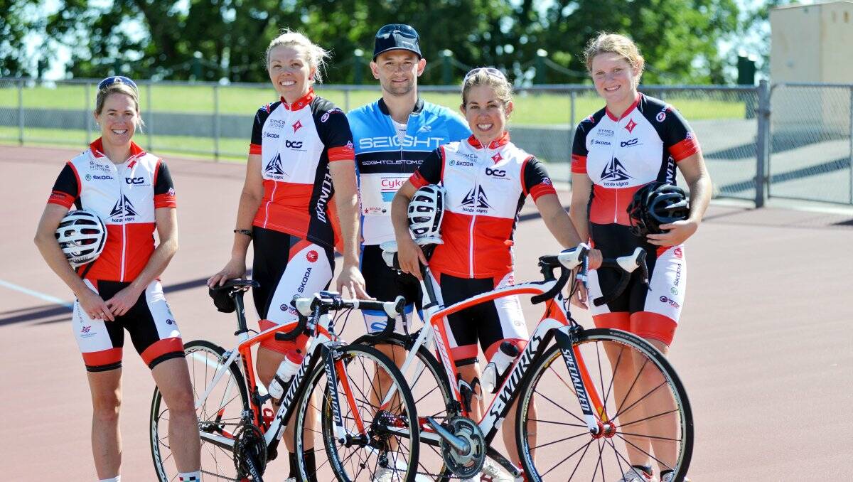 CHASING GLORY: Building Champions Squad team-mates Jo Wall, Nicole McNamara, Kate Finegan and Madison Leske and Cykel’s Rob Carson are gearing up for big events in Bendigo. Picture: BRENDAN McCARTHY