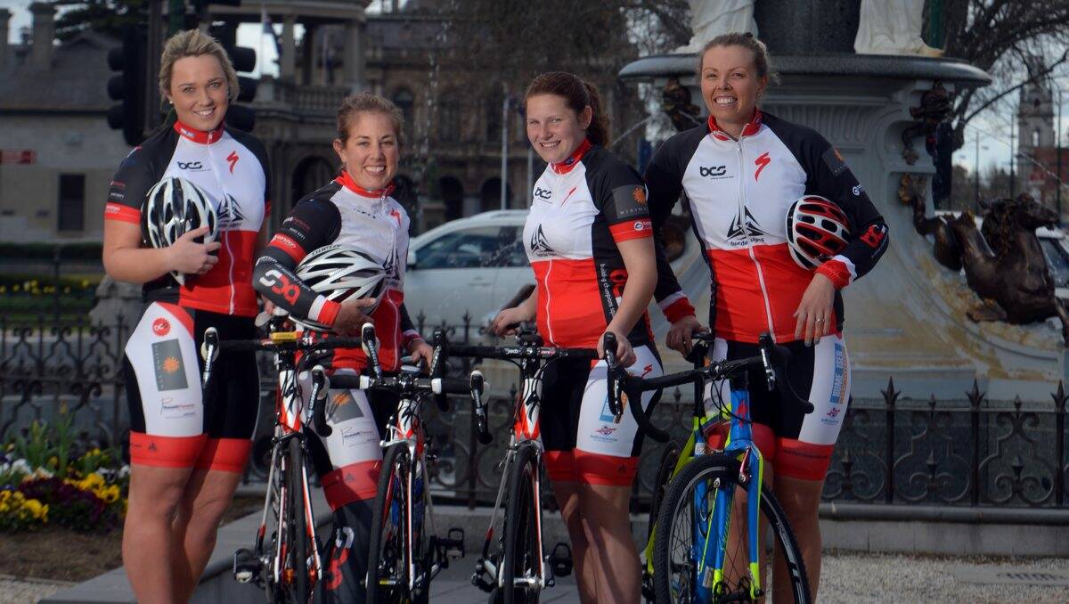 team spirit: The Bendigo-based Building Champions Squad women’s cycling team includes Carly McCoombe, Kate Finegan, Madison Leske and Nicole McNamara. Picture: BRENDAN McCARTHY