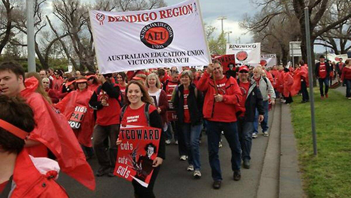 Bendigo teachers march in Melbourne yesterday. Picture: Jenny Ashby