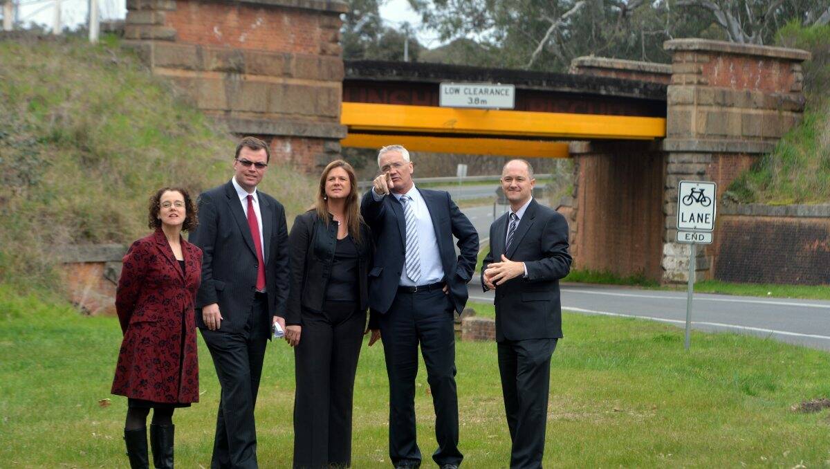 Department of Transport’s Sandra Wilson, Parliamentary Secretary for Transport Edward O’Donohue, State Member for Northern Victoria Donna Petrovich, Northern Victoria Region MLC Damian Drum, and acting Deliveries Manager for VicRoads Mark Simon, at the site of the planned upgrade.