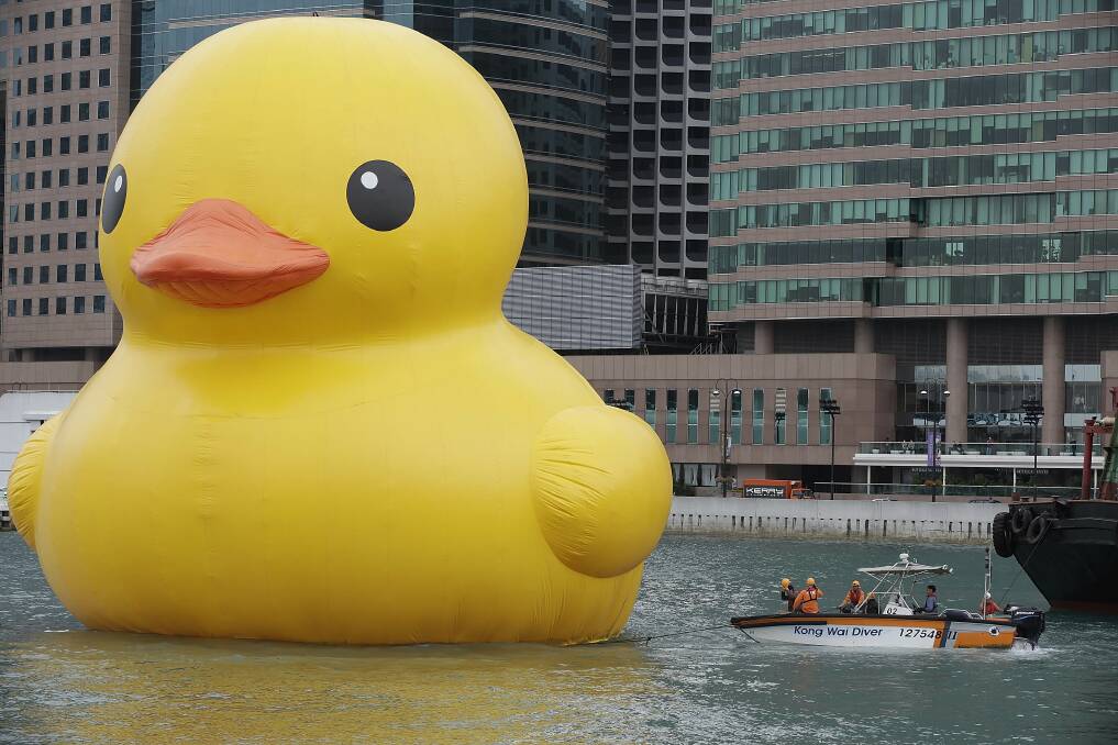 Dutch conceptual artist, Florentijin Hofman's Floating duck sculpture called 'Spreading Joy Around the World' is given a warm welcome in Hong Kong. Photo: Getty Images
