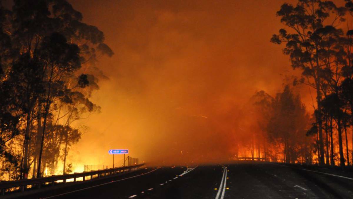 The fire roared over the Princes Highway on Tuesday night. Picture: NSW RFS