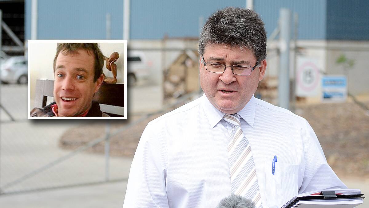 Detective Sergeant Sol Solomon speaks to the media outside VATMI Recycling on Saturday;  and above, a Facebook picture of Bendigo man Ross Streeter (inserted), who has been arrested in  relation to Thursday’s double murder. Picture: Jim Aldersey