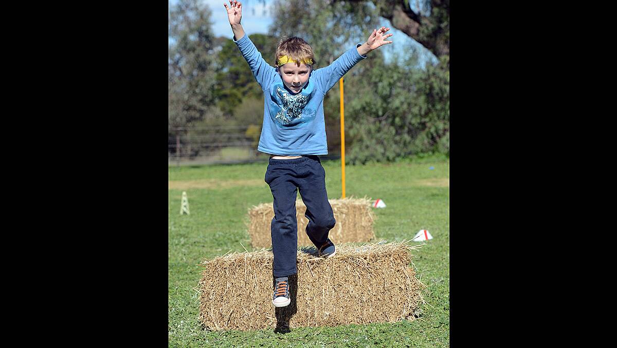 Morgan Johnson grade prep jumps in the hay hurdles at Goornong Primary School, dressed up in team colours for the schools mini Olympics. Photo Jim Aldersey