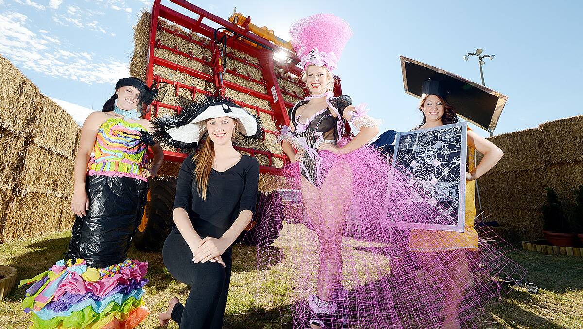 Ag-Art winners Under21 Tegan McCaskie in the Angela Laurie-Mann dress "Somewhere over the Rainbow", Hat Jaimee Lee Tobin in the Zoe Lawson hat "Maggie May", Designer Rhiana Micheel in the Helen Williams and Leanne Donne dress "The Net" and Avont Garde Jess Juffs in the Bendigo Indigenous students dress "Solar"