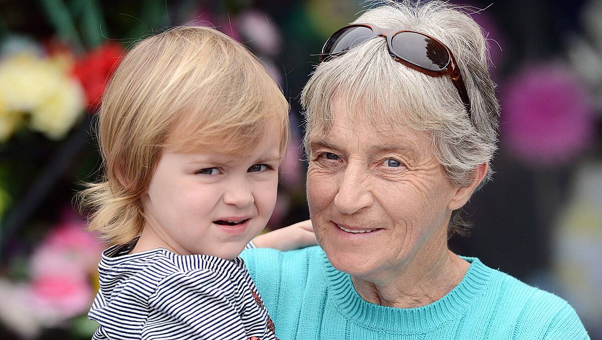 Isabel Swift 2 and Jane Murphy who has been to every at the Eaglehawk Dahlia and Arts festival street parade. Picture: Jim Aldersey.