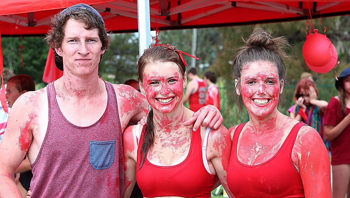 CCB. Tom Harrison, Jess Cowell and House Captian Grace McLean showing her colours for house Champagnat