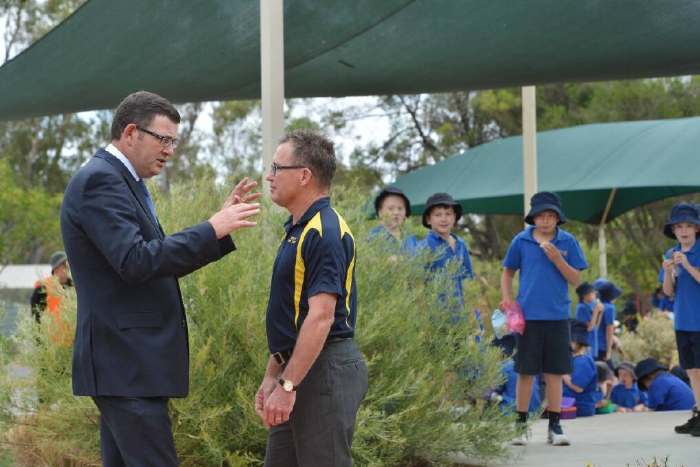 TALKS: Opposition leader Daniel Andrews speaking with Huntly Primary School principal Craig Burnett.  Mr Andrews visited the school to discuss education funding.  Picture: Brendan McCarthy