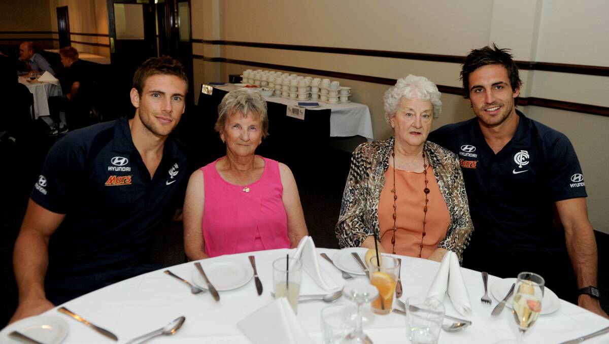 Carlton Dinner with the Stars at the All Seasons Resort. Shaun Hampson and Kane Lucas with Carlton fans Tricia Stevenson and Denise Williams. Picture: Jodie Donnellan