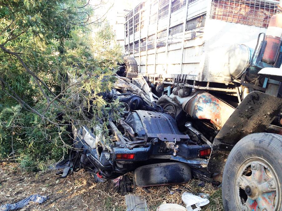 WRECKAGE: Police are stunned that six people managed to walk away from this crash at Sedgwick at the weekend, after a truck landed on a four-wheel-drive. Picture: SUPPLIED