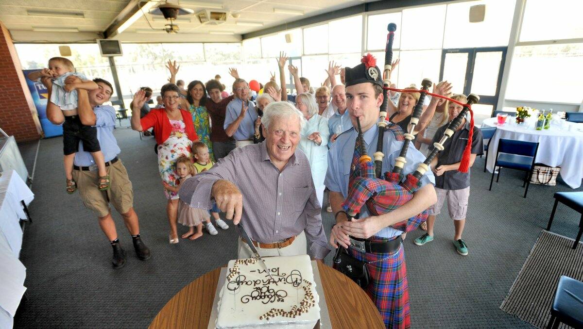 SPRITE: Tom Watts celebrated his 90th birthday with family and friends. Piper Brendan Whitford from the Bendigo Highland Pipe Band entertained at the party. Picture: JULIE HOUGH